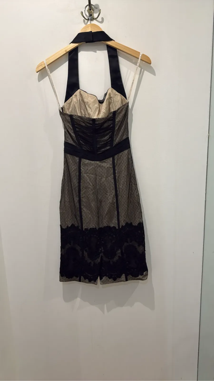 Short black Karen Millen halter-neck dress with a dotted-mesh panel and floral lace trim. 3