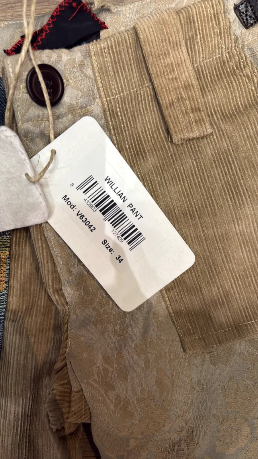 Olibo Vintage two-tone flared trousers in beige corduroy and cream jacquard fabric with embroidery on the thigh. 5