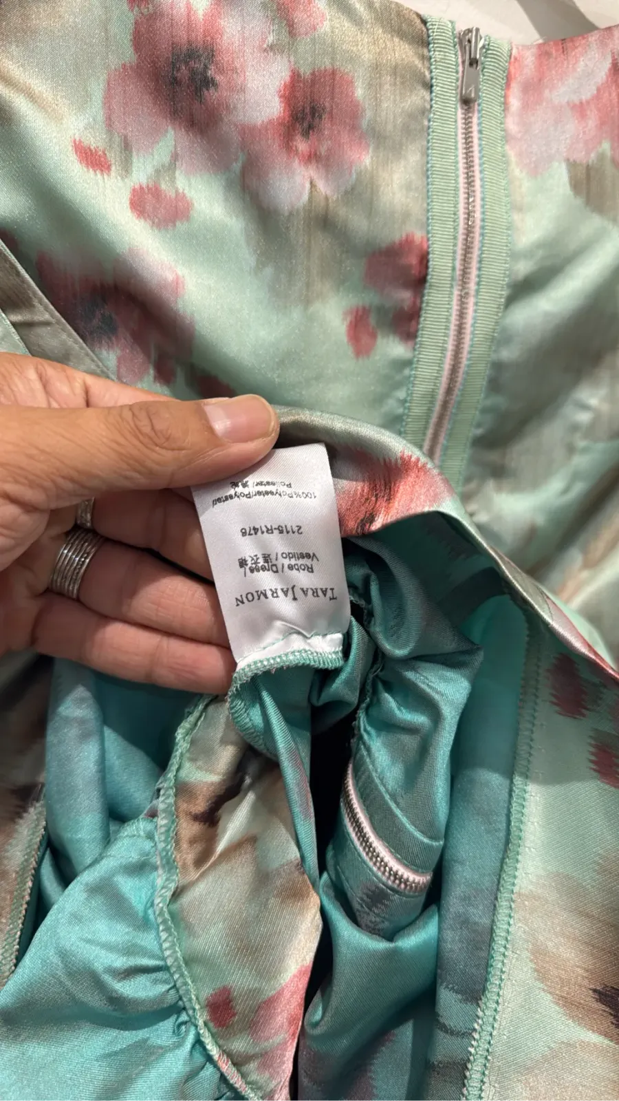 Mademoiselle Tara by Tara Jarmon sleeveless cocktail dress with light green and pink floral print, fitted cut and flared skirt. 5