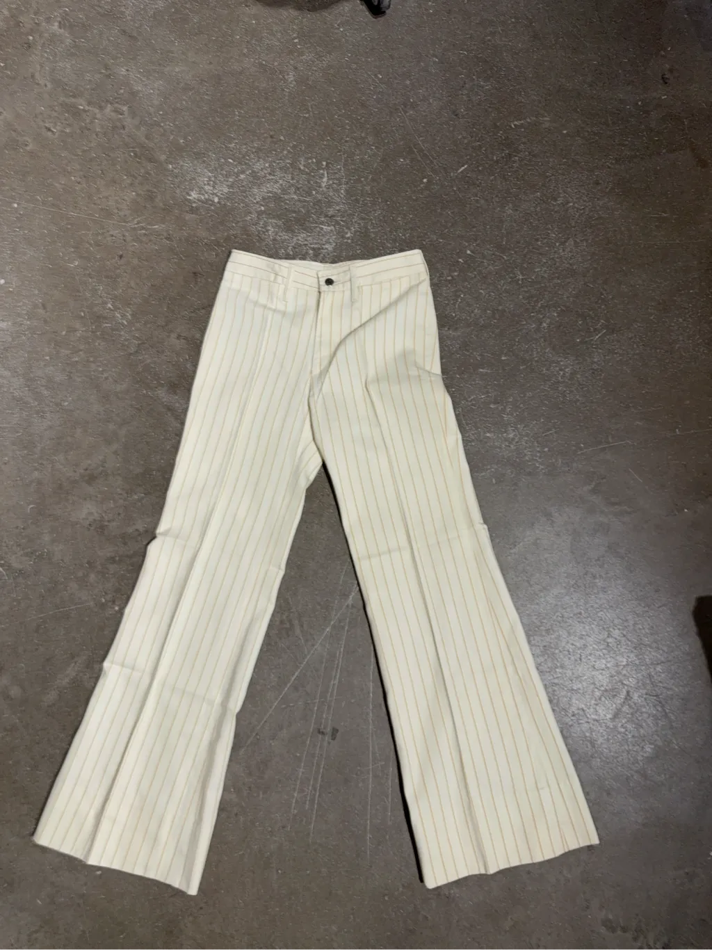 Ecru flared trousers with fine camel stripes by NEW MEN, made in France.