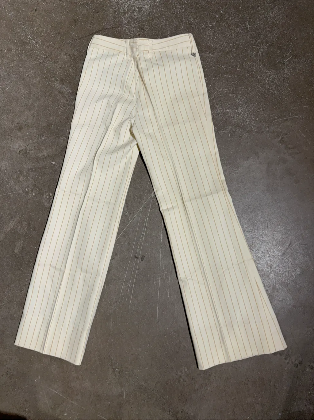 Ecru flared trousers with fine camel stripes by NEW MEN, made in France. 2
