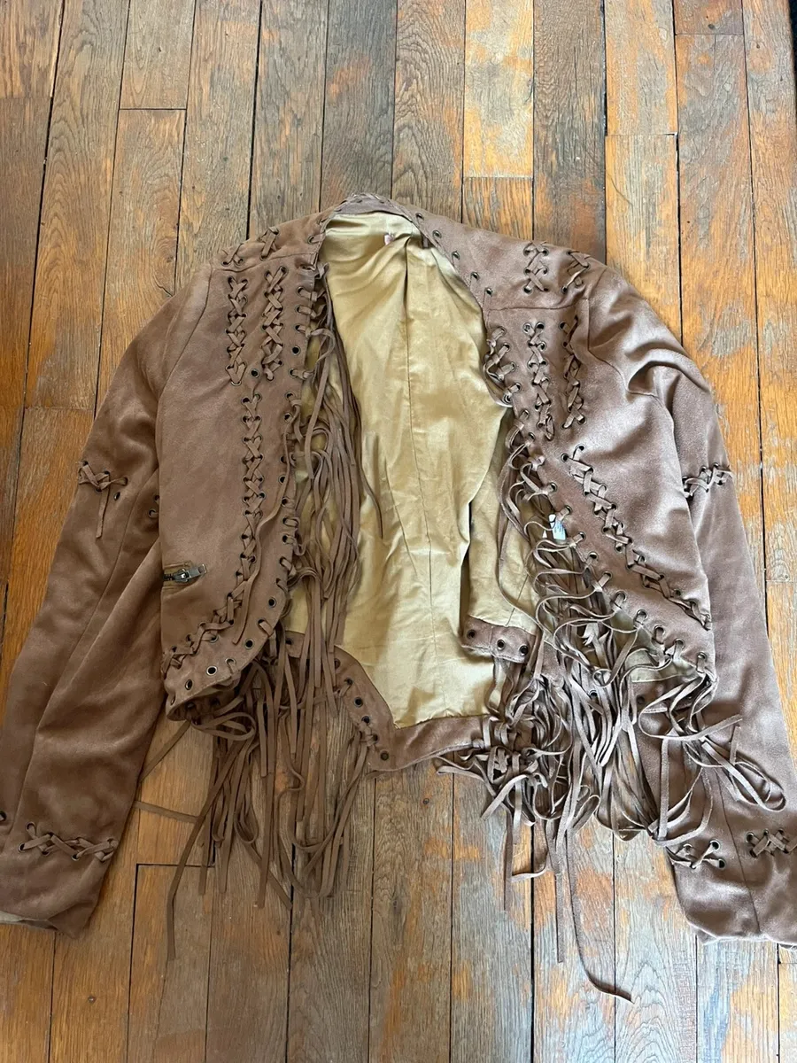 Veste à franges vintage en daim, lacets et œillets, style western authentique, taille XS.