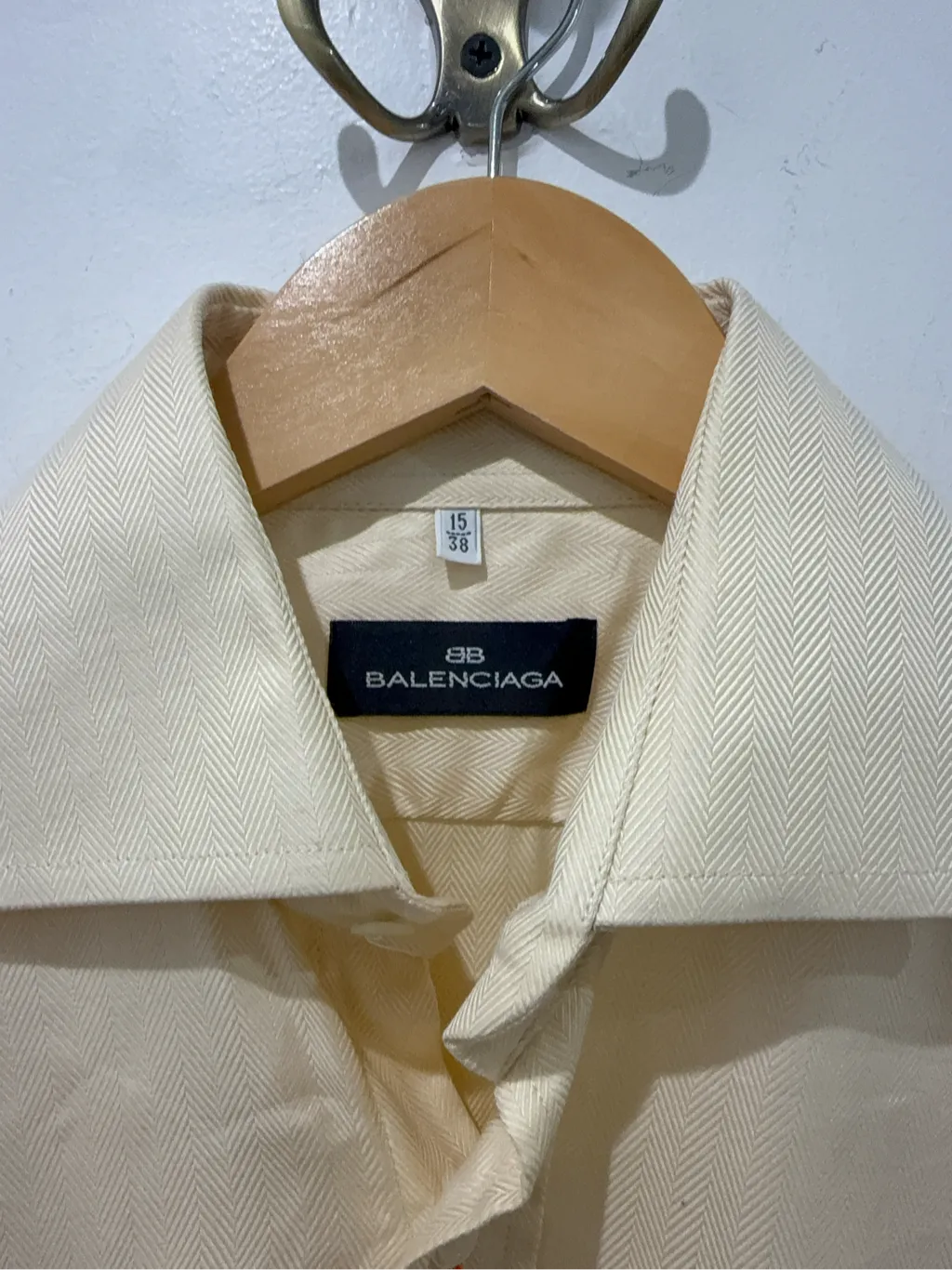 Balenciaga men's shirt in ecru/cream with a subtle herringbone pattern and an embroidered BB logo on the chest pocket. 4