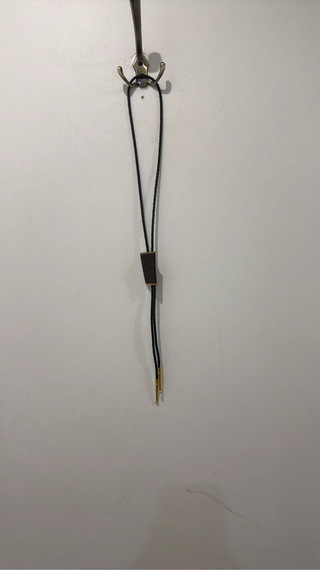 Kenneth Reid Bolo tie vintage 1970 avec un cordon tressé noir, un pendentif en bois foncé et métal doré, et des embouts dorés, datant de 2004.