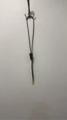 Kenneth Reid vintage 1970s-style bolo tie with a black braided cord, dark wood and gold metal pendant, and gold tips, dating from 2004.