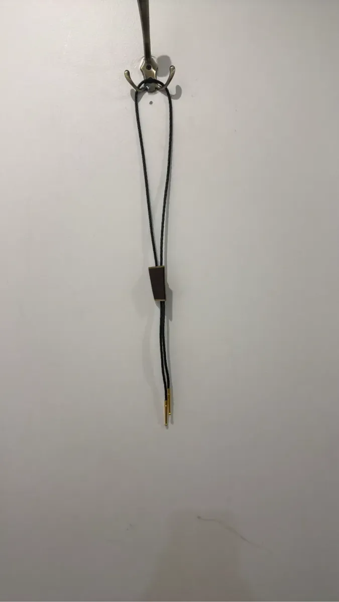 Kenneth Reid Bolo tie vintage 1970 avec un cordon tressé noir, un pendentif en bois foncé et métal doré, et des embouts dorés, datant de 2004.