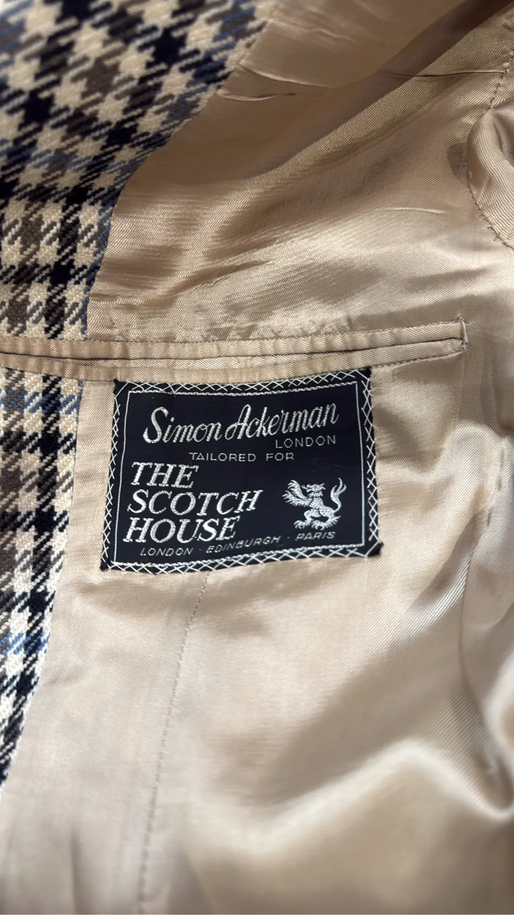Men's 100% cashmere blazer in multi-color houndstooth pattern, tailored for The Scotch House. 4