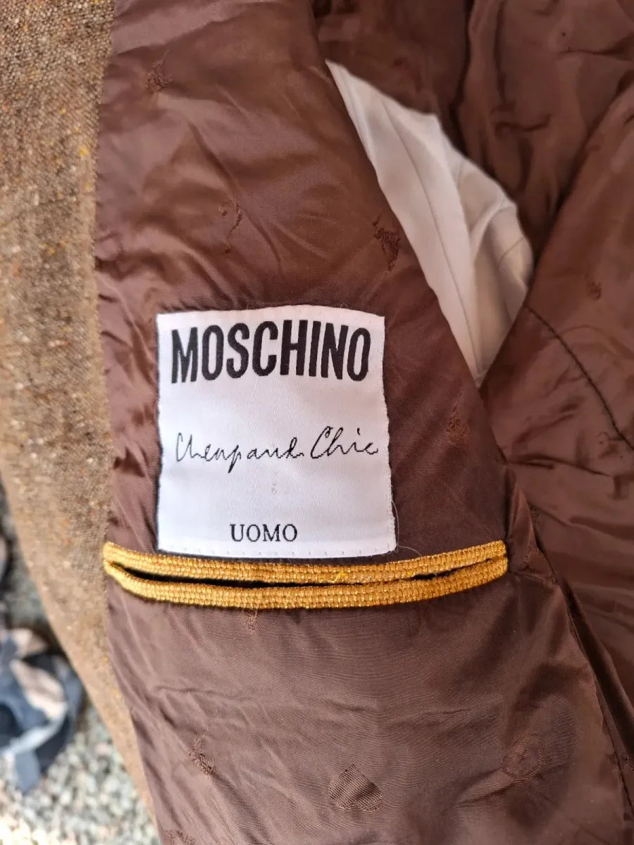 Blazer Moschino chiné en marron et kaki, pièce vintage de la maison italienne à l'esprit ludique. Taille L (40). 3