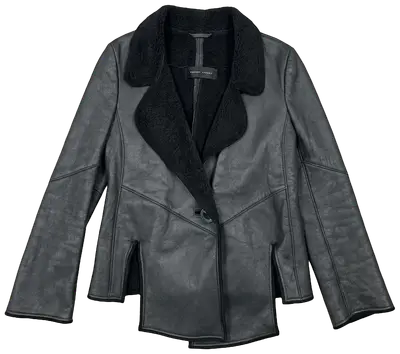 Theyskens Theory - black leather jacket with fluffy collar and asymmetrical hem.
