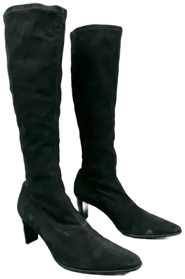 Black suede high boots with pointed toe and block heel, made in France