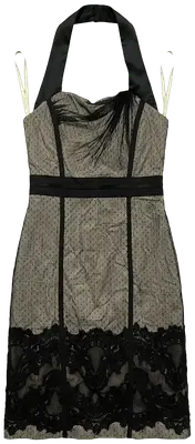 Short black Karen Millen halter-neck dress with a dotted-mesh panel and floral lace trim.
