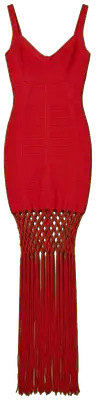 Red bodycon bandage-style cocktail dress with fringes.