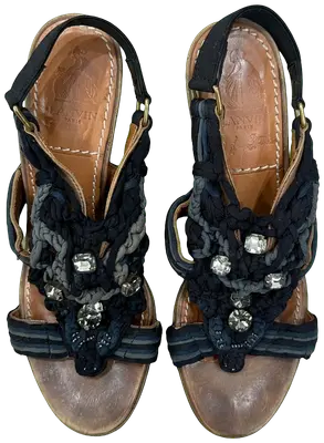 Sandales à talons Lanvin en cuir marron avec des brides tressées bleu marine ornées de strass.