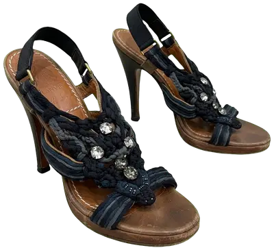 Lanvin brown leather heeled sandals with navy braided straps embellished with rhinestones.
