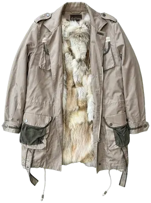 Beige Galliano parka with removable natural fox fur lining and printed cargo pocket details.