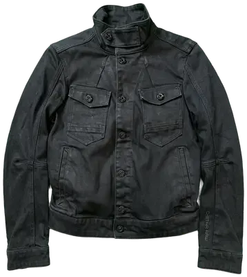 G-Star Raw black denim jacket, straight cut with stand-up collar and buttoned flap pockets.