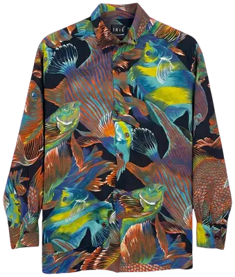 Long-sleeved shirt printed with multicoloured fish patterns on a black background.
