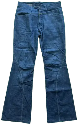 Jean flare taille basse Marithé + François Girbaud, denim bleu authentique, coupe unisexe, pièce vintage en très bon état.