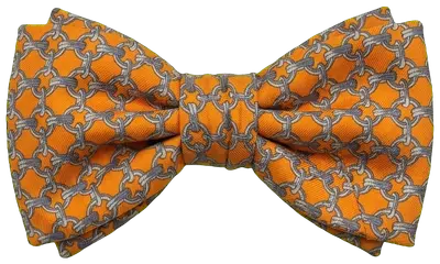 Noeud Papillon Hermès en soie orange à motif chaînes grises, fabriquée en France.