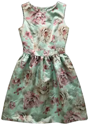 Mademoiselle Tara by Tara Jarmon sleeveless cocktail dress with light green and pink floral print, fitted cut and flared skirt.