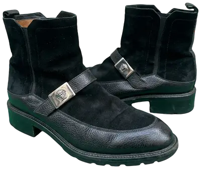 Gianni Versace black suede and leather ankle boots with a silver buckle, size 10 1/2.