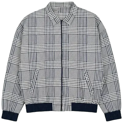 White and navy houndstooth bomber jacket with ribbed trim, size XL.