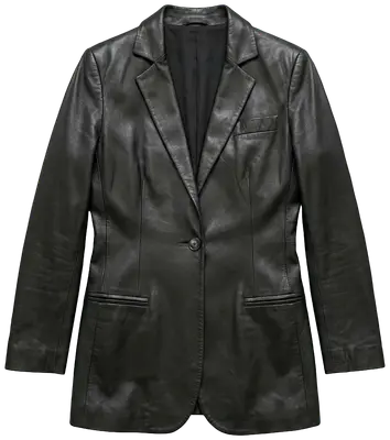 Belle veste en cuir d'agneau plongé, souple et doux, de fabrication française 
Col tailleur, forme légèrement cintrée 
Entièrement doublée
Fermeture par un bouton 
Une petite poche poitrine et deux fausses poches passepoilées devant 
Longueur 70cm, aisselle à aisselle 43cm, tour de taille à plat 37cm
Très bon état, beau cuir sans défaut