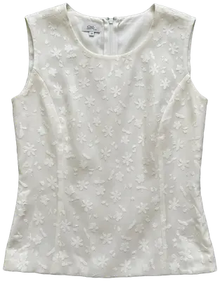 Ecru sleeveless top with textured floral pattern and back zip.