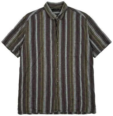 Scherrer striped short-sleeved shirt in brown, khaki, and light grey.