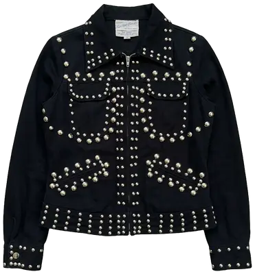 Ensemble Veste et pantalon patte d'éléphant noire en coton cloutée avec fermeture éclair, de la ligne The Young Circle de Saks Fifth Avenue.