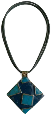Very pretty blue enamel pendant with its cotton cord
