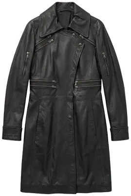 Faux-leather duster coat, closes at the front with snap buttons — very soft and warm thanks to its lightly padded lining
