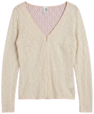 Ecru long-sleeve top in textured knit with V-neck and zip.