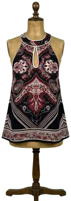 Top femme noir à motif cachemire multicolore avec col halter et détail goutte d'eau.