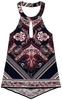 Black women's top with multicoloured paisley pattern, halter neck and teardrop detail.