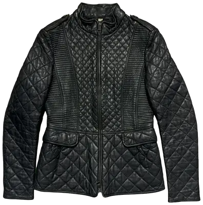 Women's black quilted leather jacket with zip closure and ribbed details.