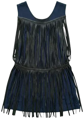 Theykens Theory navy viscose tank top with black goatskin fringe.