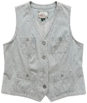 White and blue striped cotton sleeveless vest by Lauren Jeans Co. with logo buttons and flap pockets.