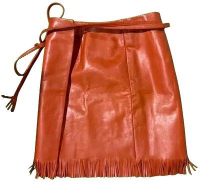 Orange leather wrap mini-skirt with fringed hem
