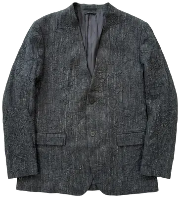 Dark grey textured collarless blazer jacket with two buttons, made in Japan.