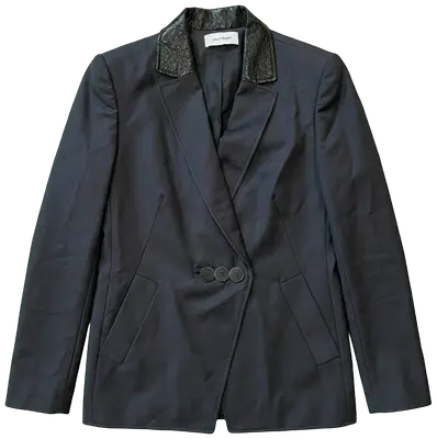Blazer Courrèges anthracite avec col en cuir texturé noir et fermeture à trois boutons.