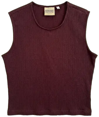 Top Versace Jeans Couture marron foncé, tissu stretch, taille L (convient S/M), excellent état. Une pièce vintage authentique.