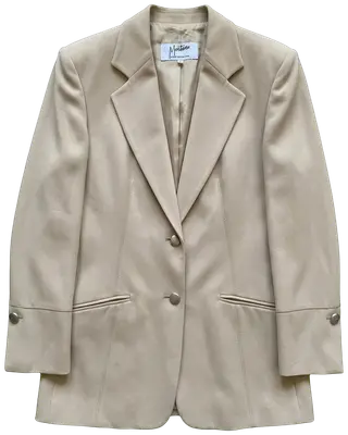 Claude Montana tailored jacket, by the emblematic French designer of the 1980s-90s. Plain beige, structured cut with strong shoulders — the Montana signature —, notched lapel and single-button closure. Fully lined. Size 36-38 (labelled L). Excellent vintage condition. A graphic, timeless designer piece that structures the silhouette.