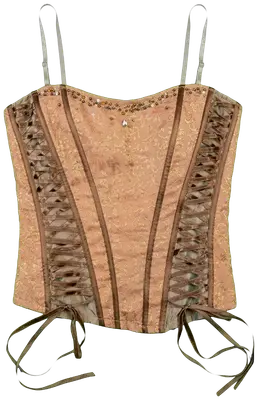 Corset bustier LOVIE® saumon en jacquard avec laçage marron et perles au décolleté.