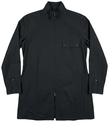 Yohji Yamamoto Pour Homme black long zip jacket with stand-up collar and chest pocket.