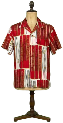 Chemise Aloha vintage en pure soie rouge et blanche à motifs asiatiques, de la marque The Liberty House, Honolulu Waikiki.