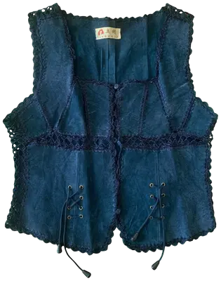 pretty top in navy/petrol suede-like material, vest/corset style. Mandarin label so I don't know the brand :/ three buttons on the front to close. No size indicated but I estimate a M. Don't hesitate to contact me for more information (: