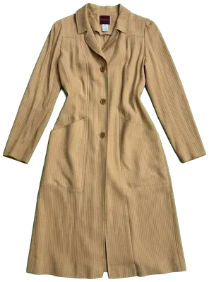 Superb vintage Kenzo Paris thin coat / coat-dress. Very elegant fitted waist, textured tone-on-tone vertical stripe fabric, lapel collar, and three large button closure. Two large patch pockets on the front. Very good quality French manufacturing. Material: 53% Viscose / Rayon, 47% [second material hidden on label, probably wool or cotton]