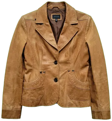 Manteau Liberty Island en cuir véritable couleur cognac, taille 38, une pièce vintage intemporelle en très bon état.