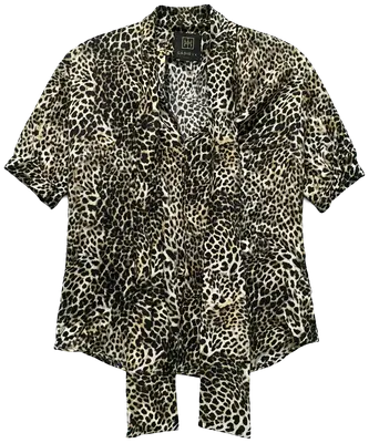 Short-sleeve leopard-print blouse with a pussy-bow collar.